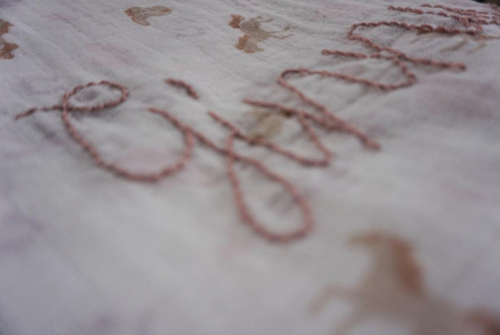 Embroidered text on fabric with floral patterns