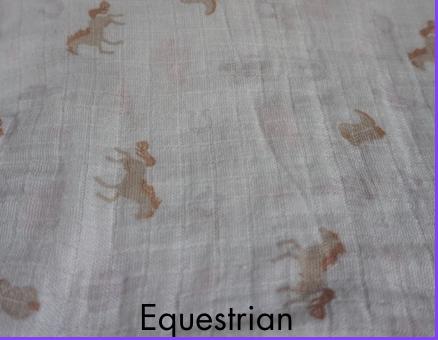 Textile with equestrian pattern and 'Equestrian' text on a light background