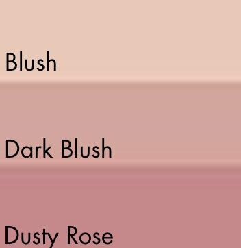 Three color swatches labeled 'Blush', 'Dark Blush', and 'Dusty Rose' on a beige background.