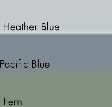 Color swatches labeled 'Heather Blue', 'Pacific Blue', and 'Fern' on a gray background.