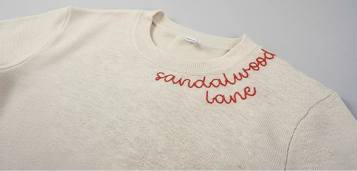 Beige sweater with red text 'sandalwood lane' on a wooden surface