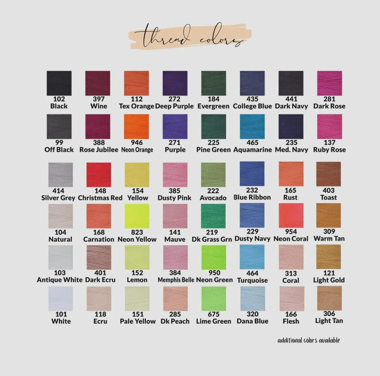 Color swatch chart with thread color names and codes on a light gray background