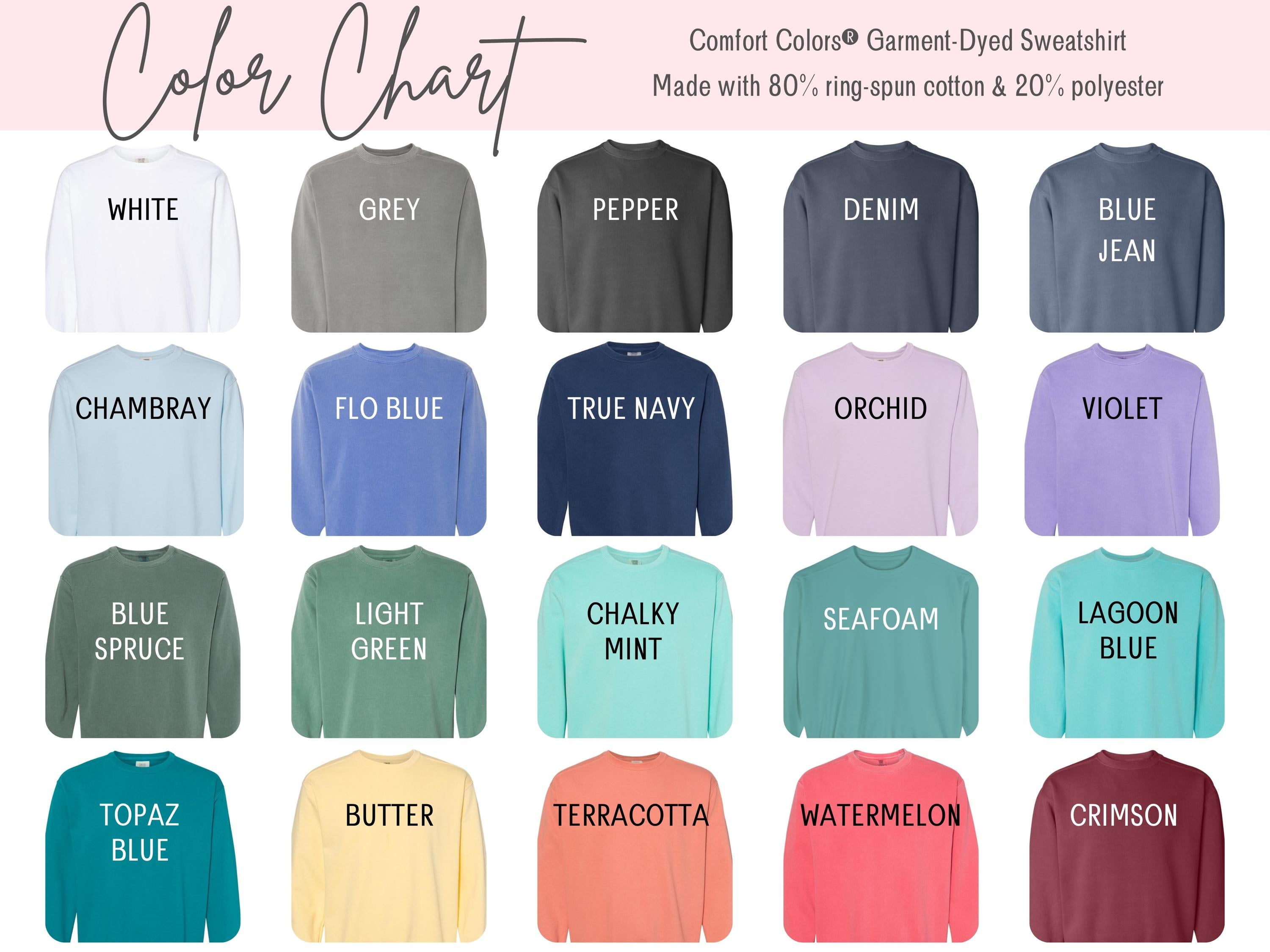 Color chart of various sweatshirt colors with labels