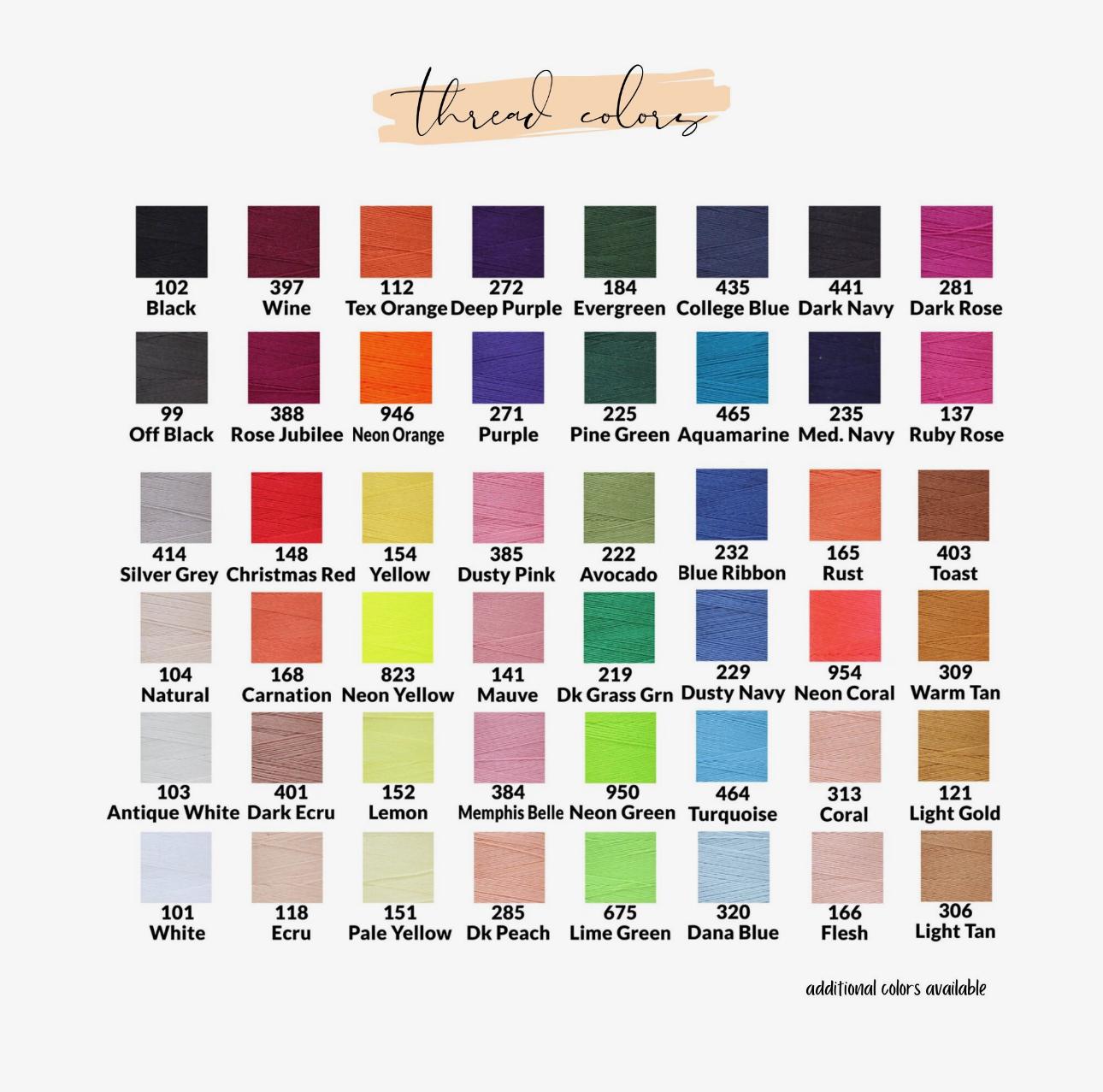 Color swatch chart with thread color codes and names on a white background
